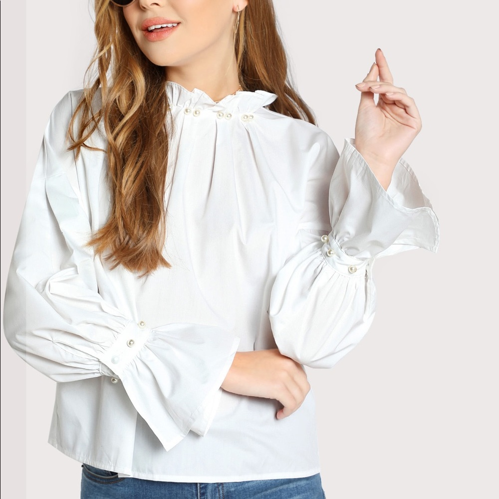 Ruffle Trumpet Sleeves w/Pearl cuffs & Neck Blouse